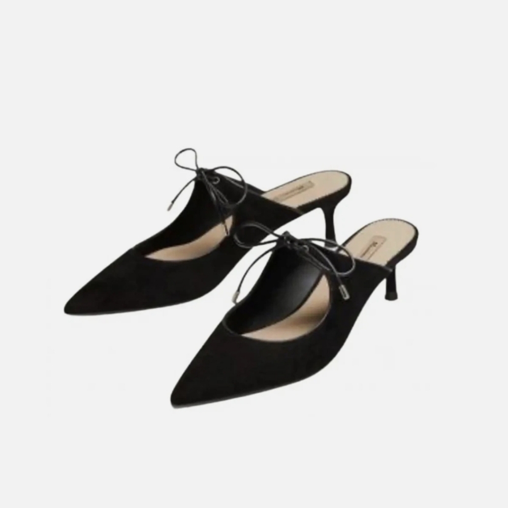 Massimo Dutti Mule Kitten Heel Suede Leather Shoes With Bow / US size 6,  EU 36